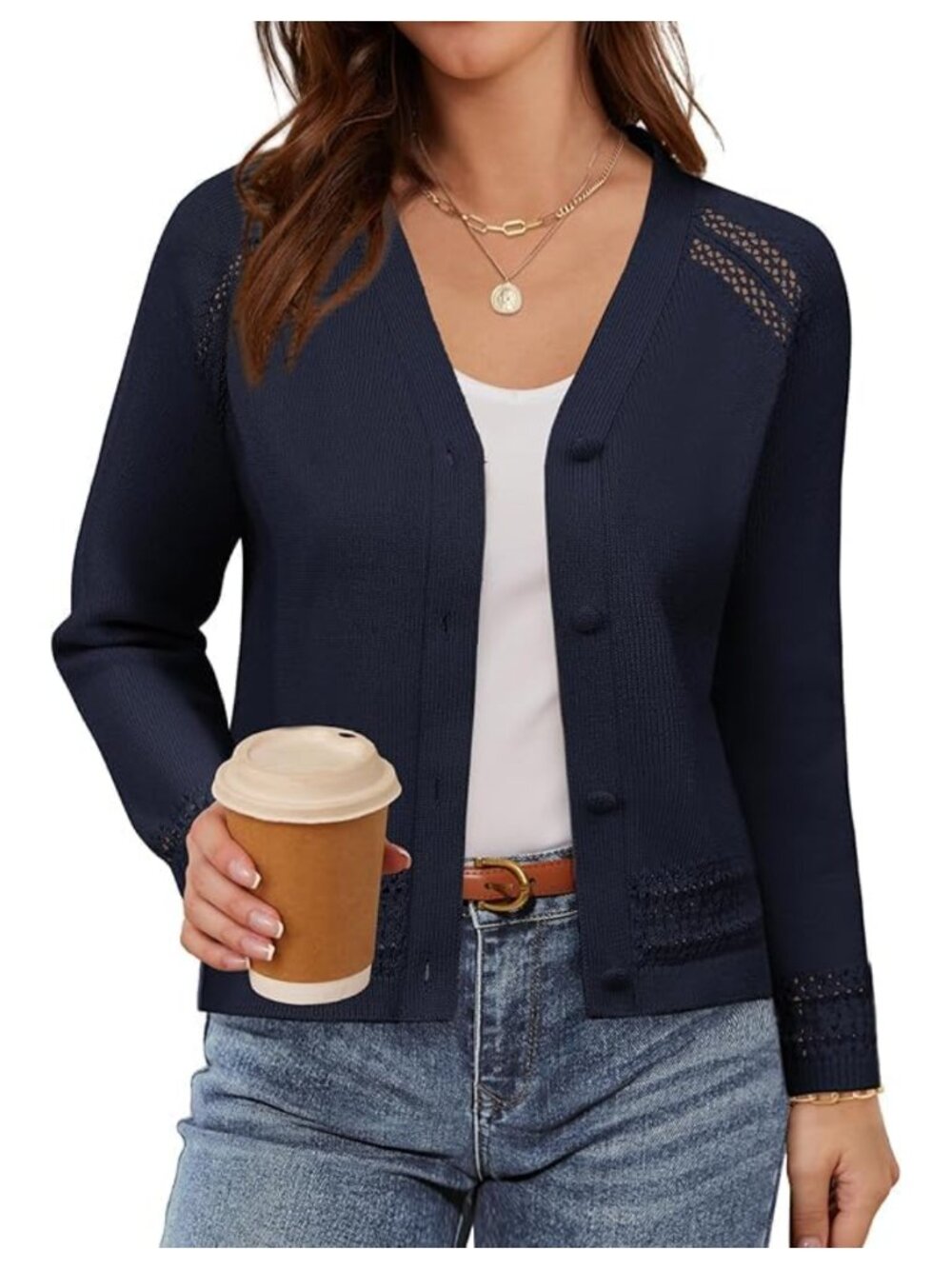 Women Knit Cotton Cardigan V-Neck Button Long Sleeve Cropped Fall